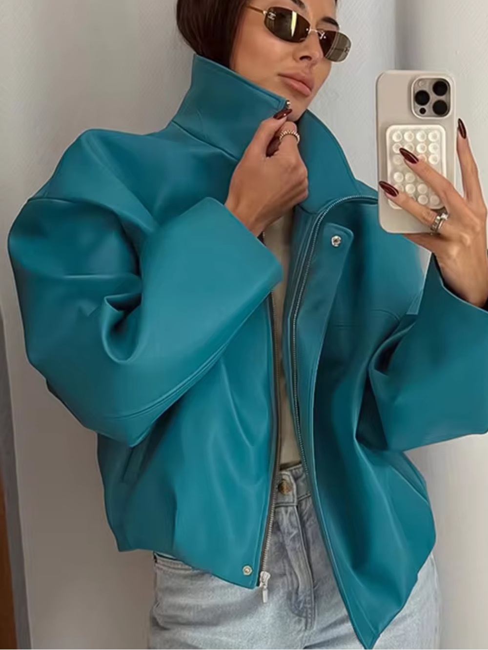 Street Women Faux Leather Cropped Jacket Loose Blue Stand Collar Long Sleeve